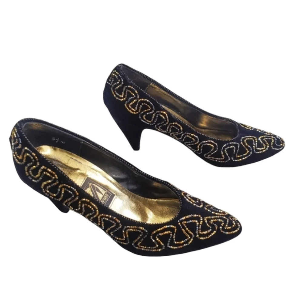 Vintage J.Renee Heels Womens Size 5.5 M Black Velvet Rhinestones Embellished
